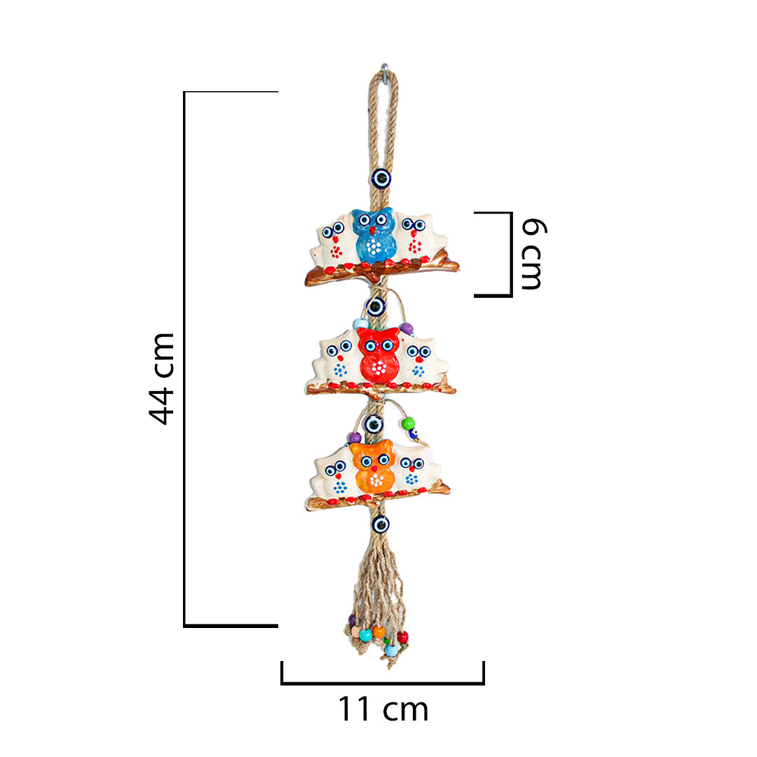 Ceramic Wall Decoration with Hanging Owl Trio, Multicolour