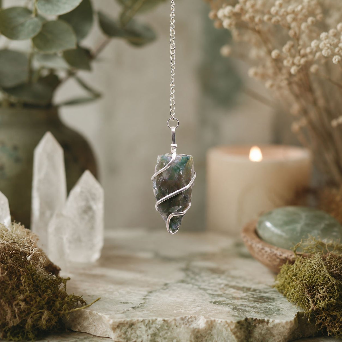 Raw Gemstone Pendulum - Moss Agate AW Dropship UK