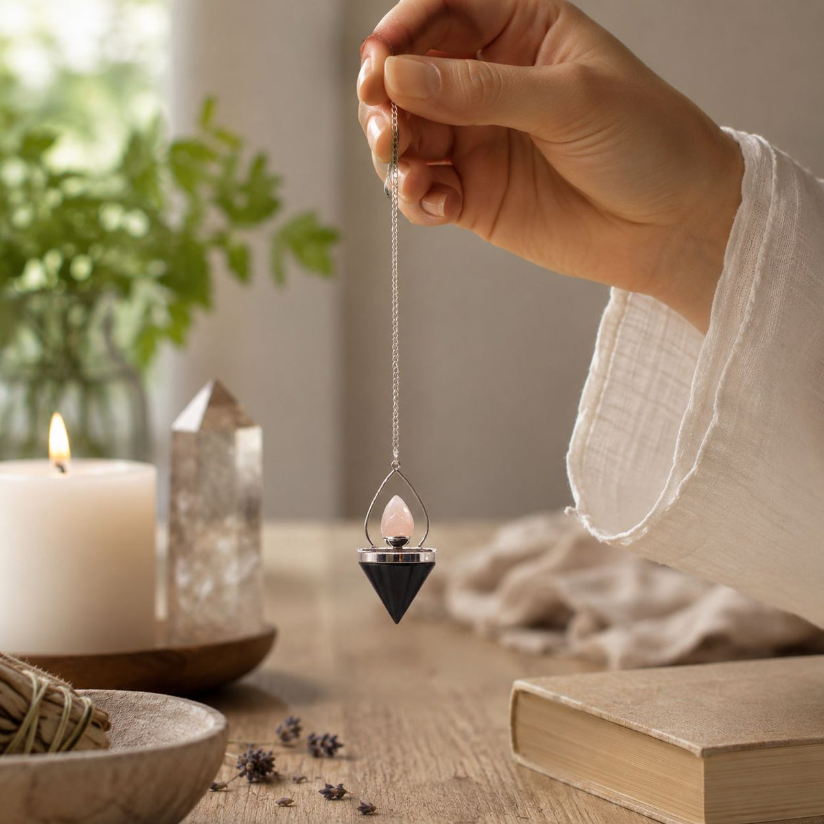 Gemstone Lantern of Life Pendulum - Black Agate & Rose Quartz AW Dropship UK