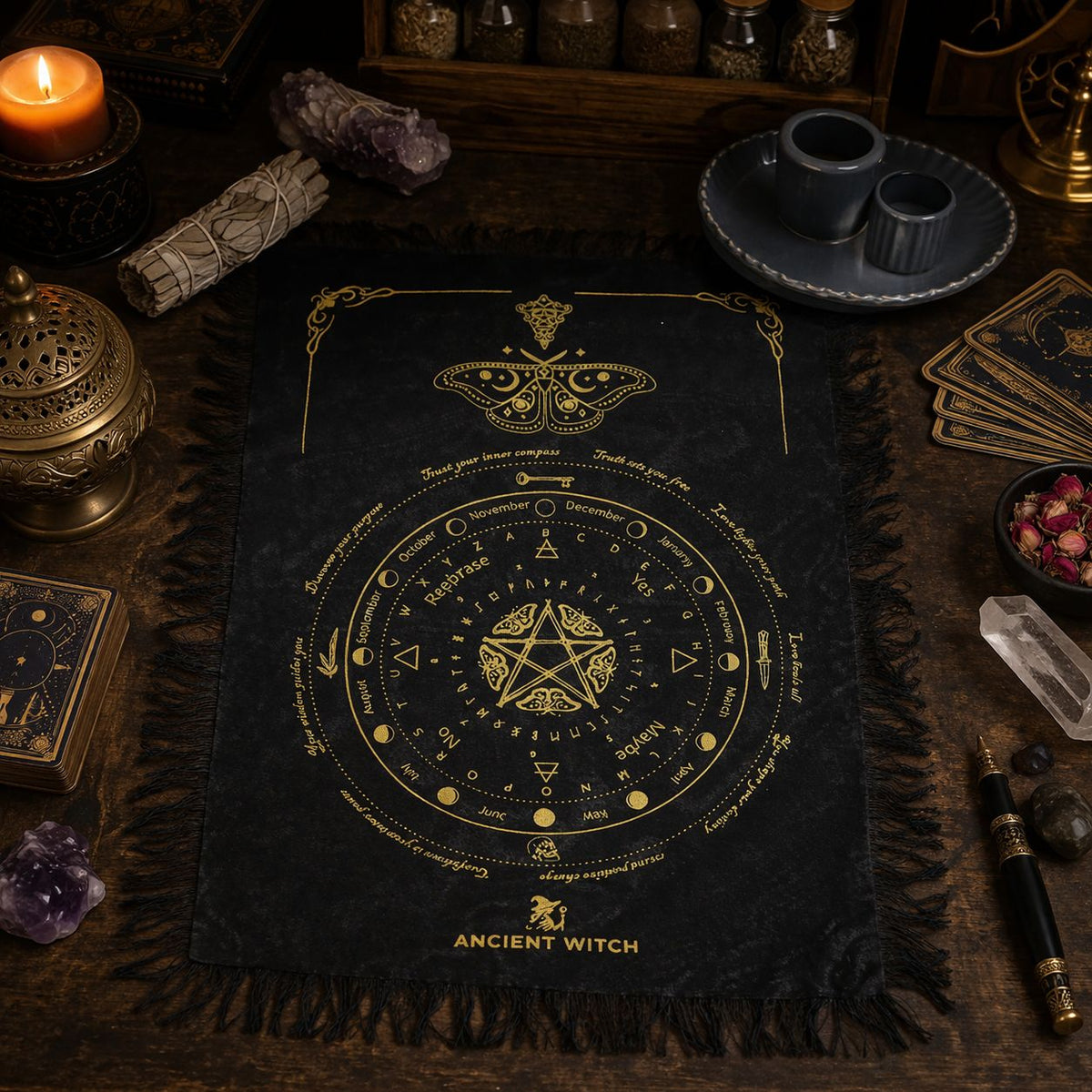 Ancient Witch Pendulum Divination Cloth - Mystic Moth - Black & Gold AW Dropship UK