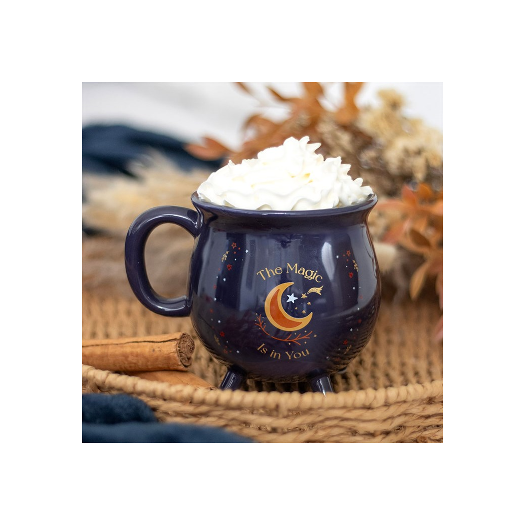 Midnight blue cauldron mug with gold moon and stars