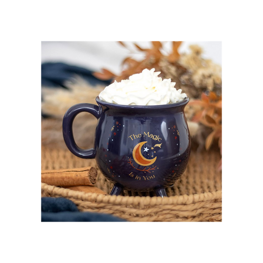 Midnight blue cauldron mug with gold moon and stars