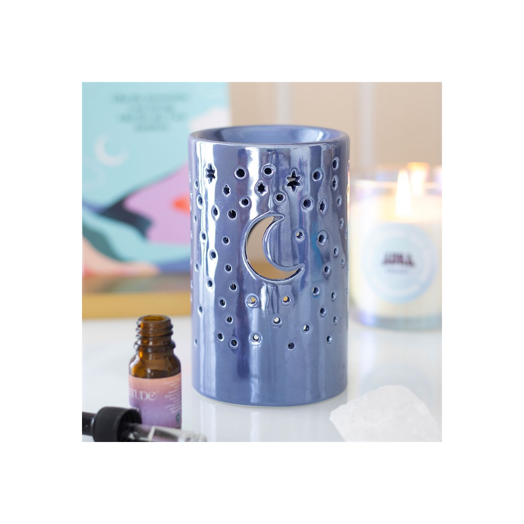 Iridescent purple moon and stars pillar oil burner