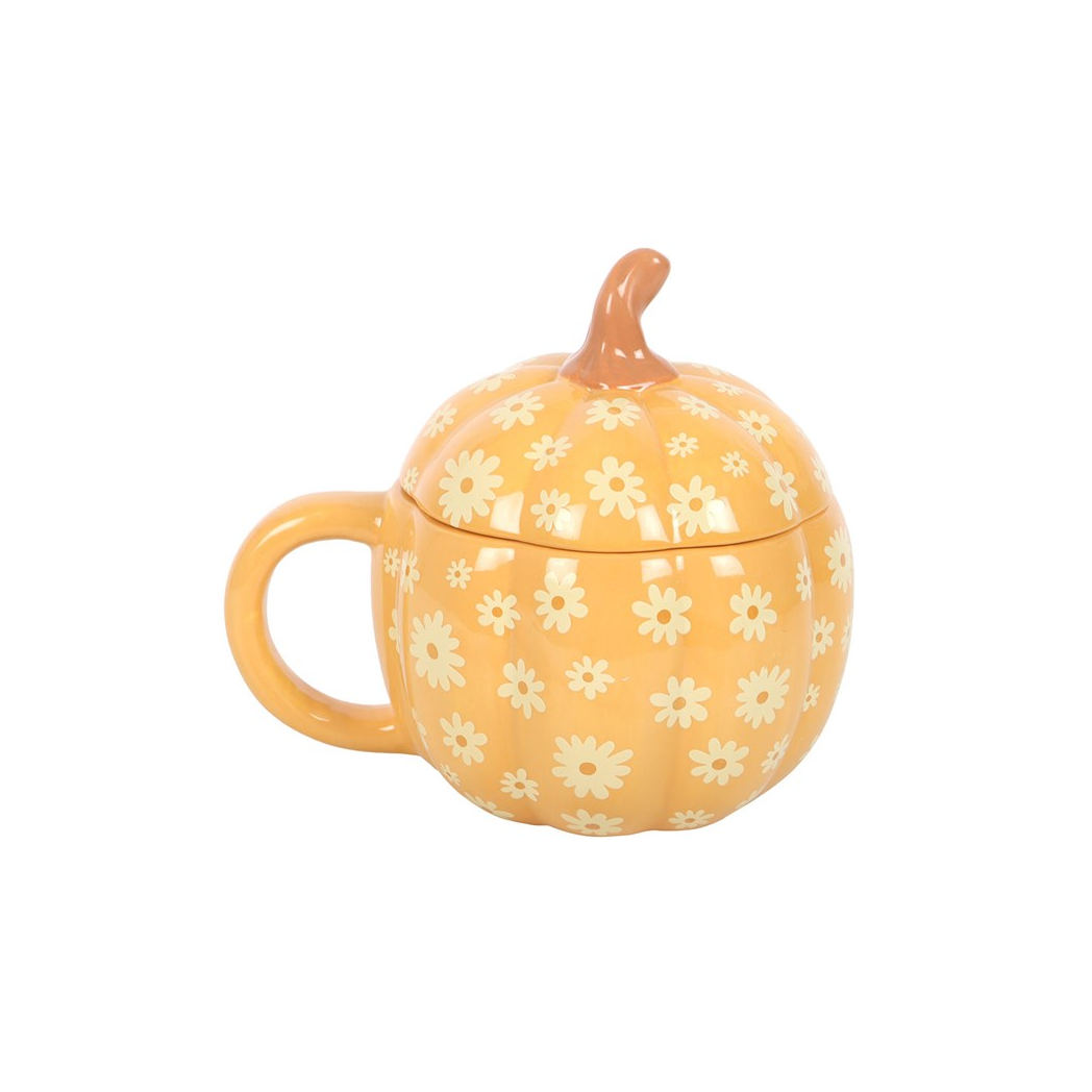 Orange pumpkin mug with groovy floral design