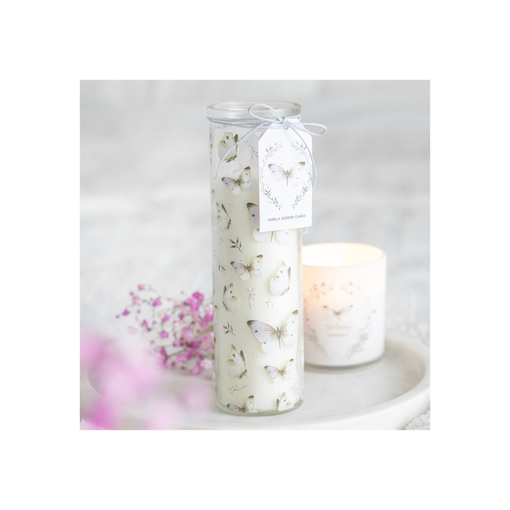 White Butterfly Print Vanilla Tube Candle N/A