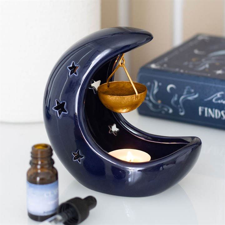 Blue crescent moon hanging oil burner with gold dish