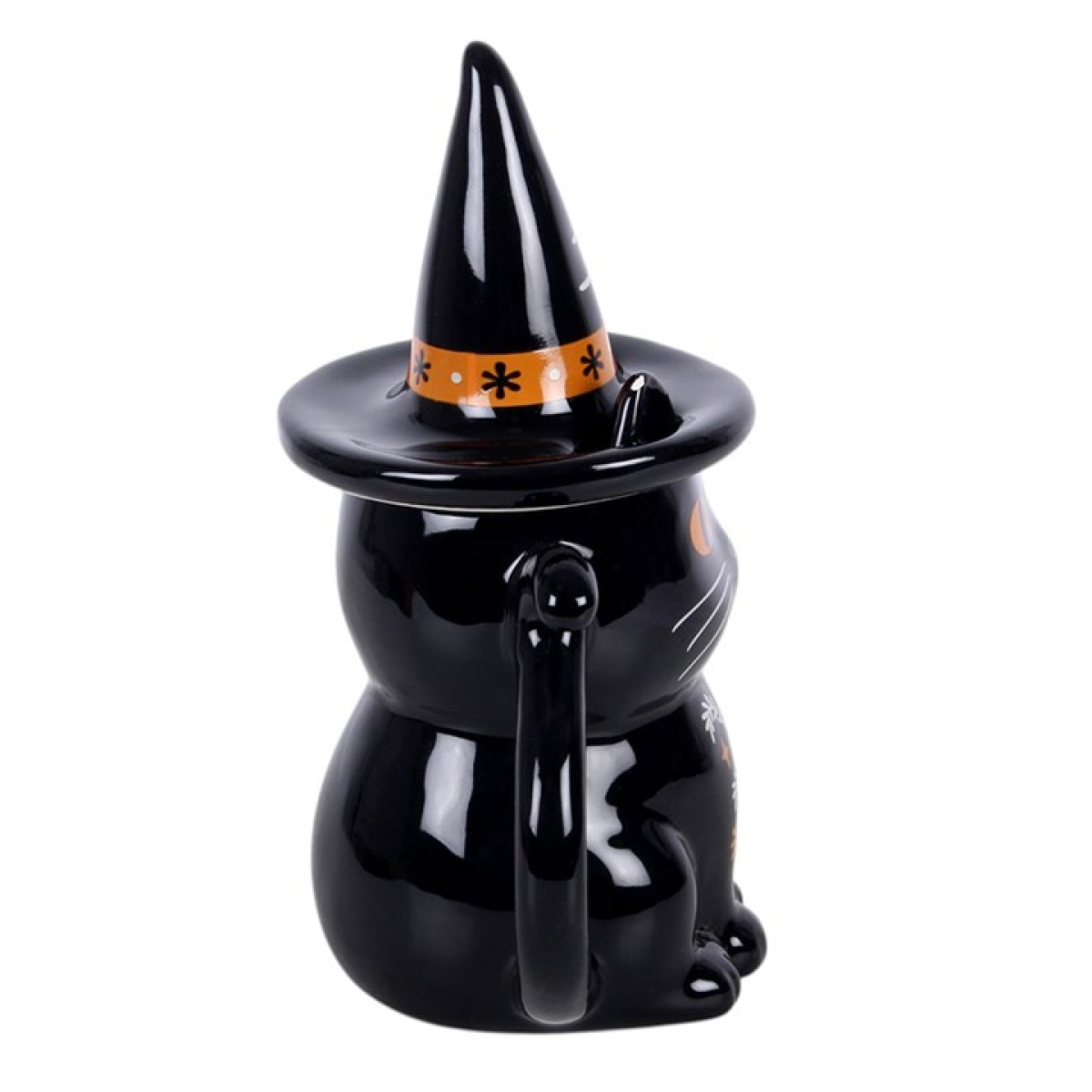 Black cat witch hat lidded mug detail