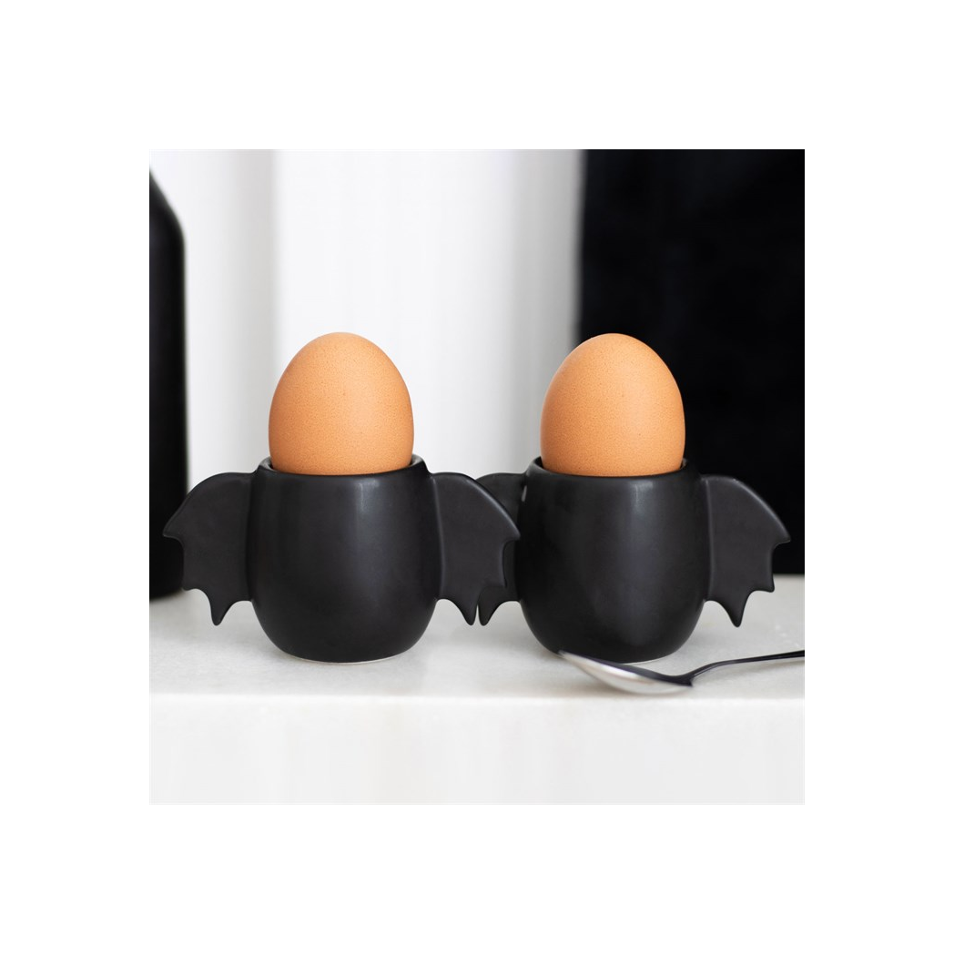 Black bat shaped egg cup set spooky kitchen gift