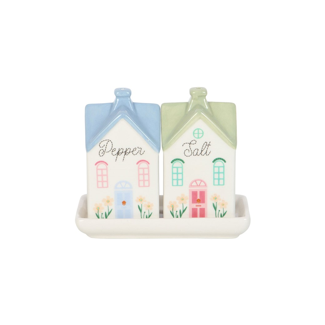 Pair of pastel house salt and pepper shakers