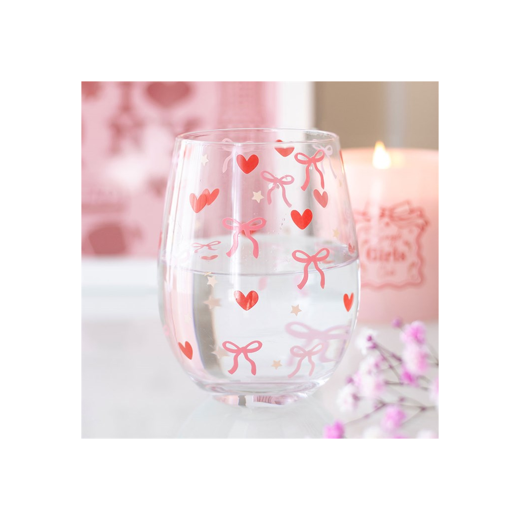 Bow and Heart Print Stemless Glass N/A
