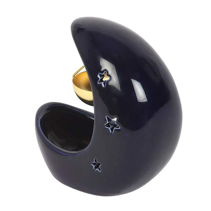 Blue crescent moon oil burner with gold metal dish