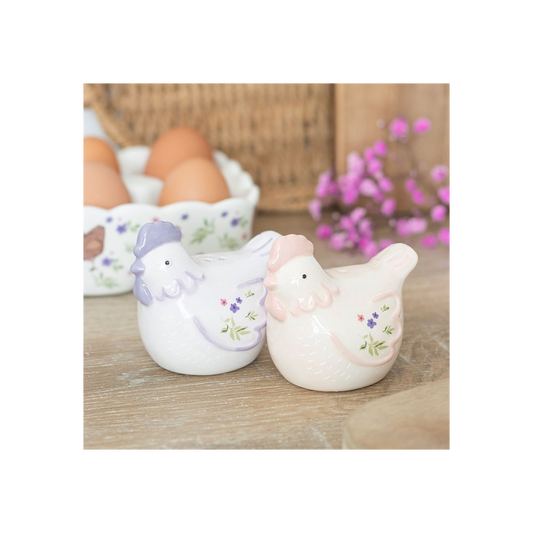Pastel ceramic hen shaped salt and pepper shakers