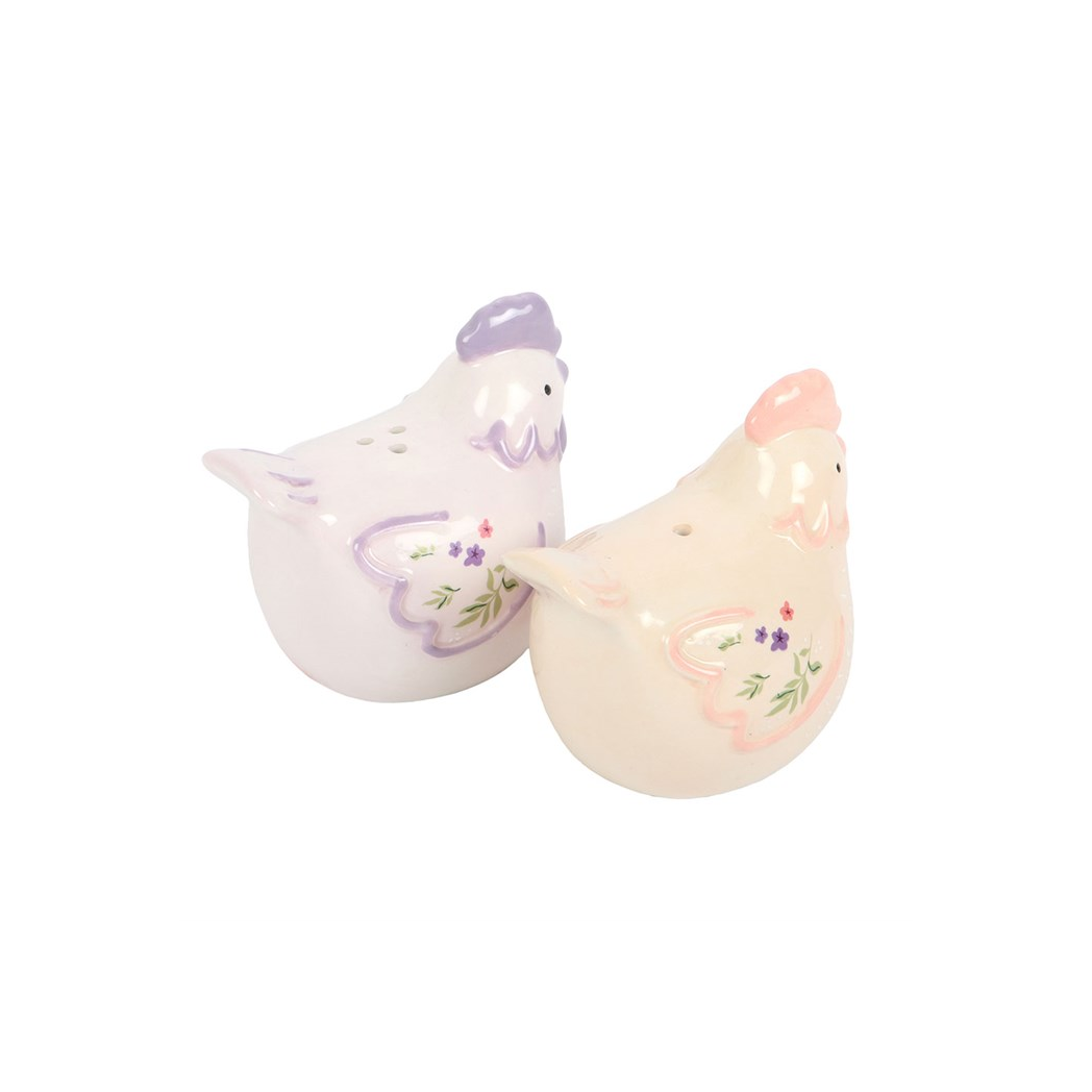 Pastel floral hen salt and pepper shaker set