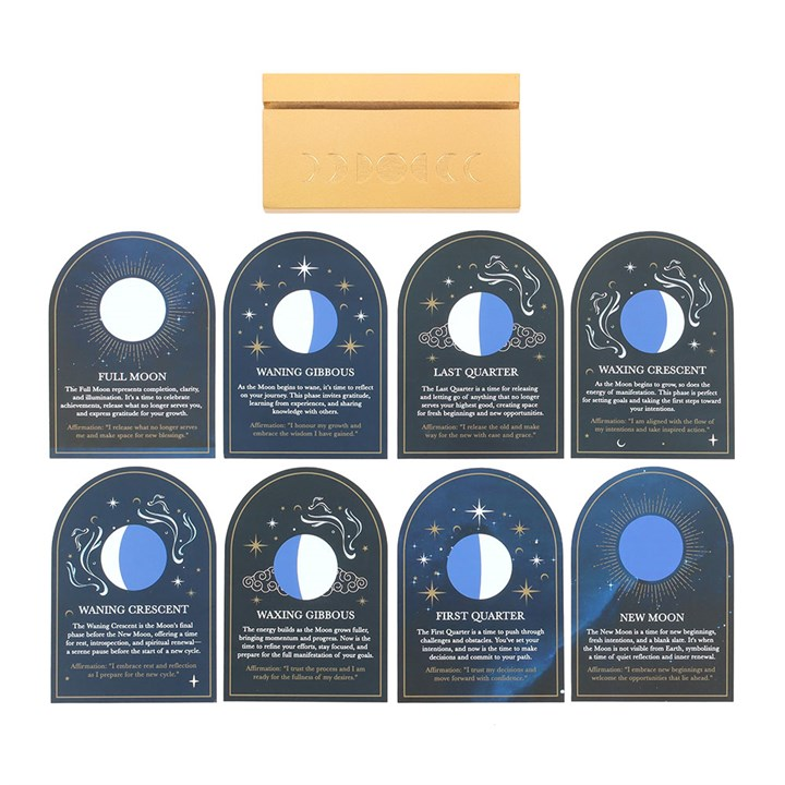 Set of 8 Moon Phase Cards with Wooden Stand N/A