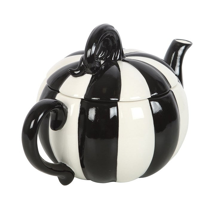 Black and white pumpkin teapot close up