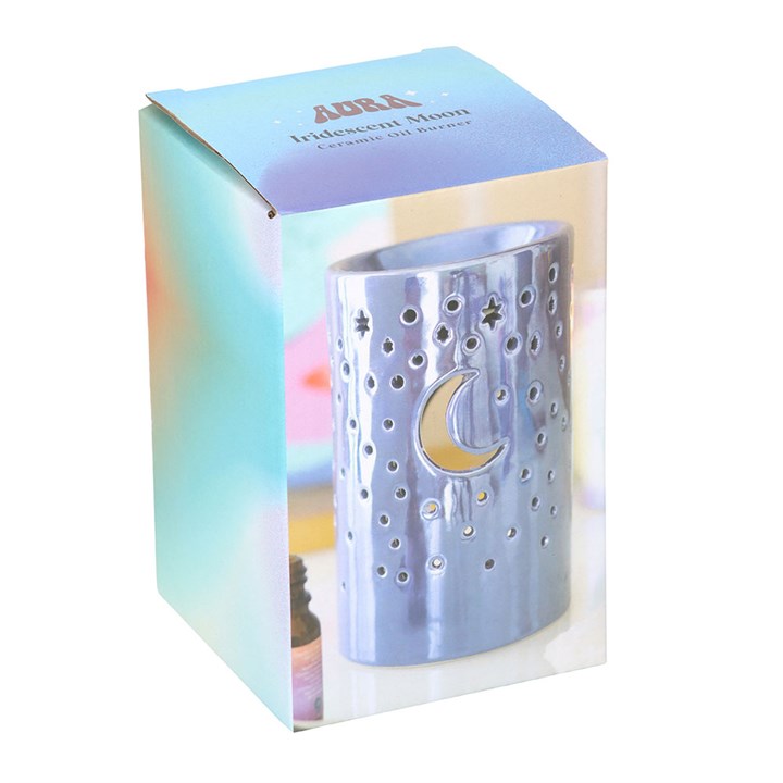 Purple moon pillar oil burner lit for home fragrance