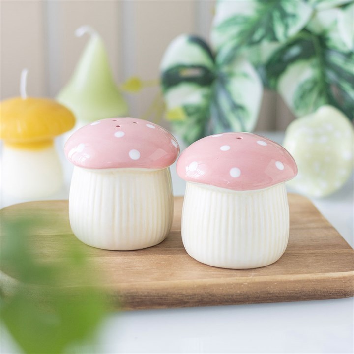 Set of two pink mushroom salt and pepper shakers