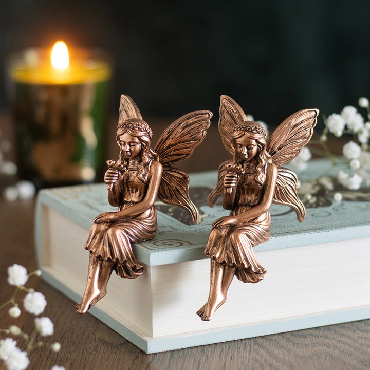 Set of two antique bronze fairy shelf sitter ornaments