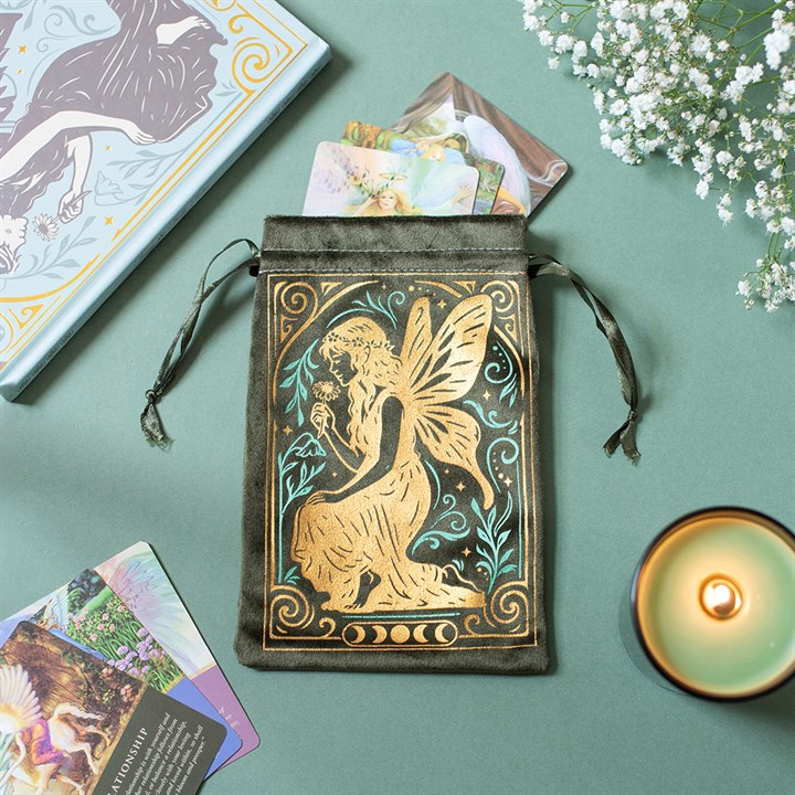 Green velvet fairy drawstring pouch for tarot cards