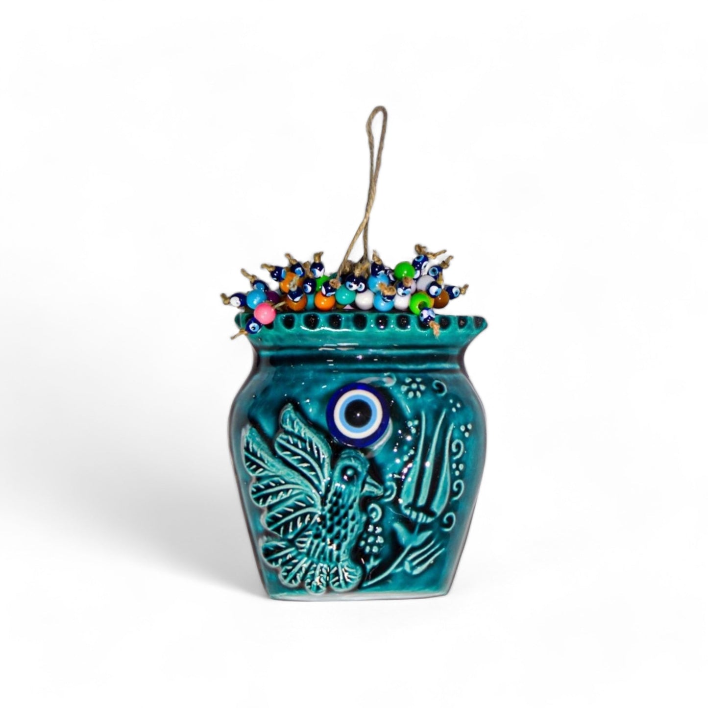 Ceramic Wall Decoration, Flower Pot Shaped, Turquoise – 20cm