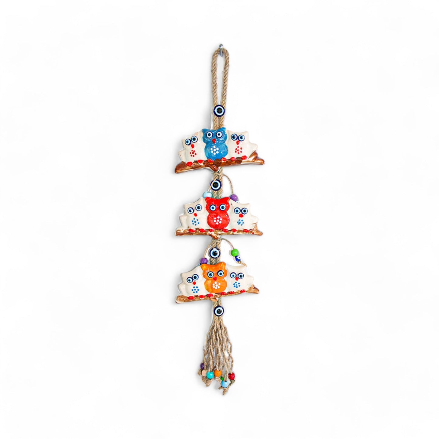 Ceramic Wall Decoration with Hanging Owl Trio, Multicolour