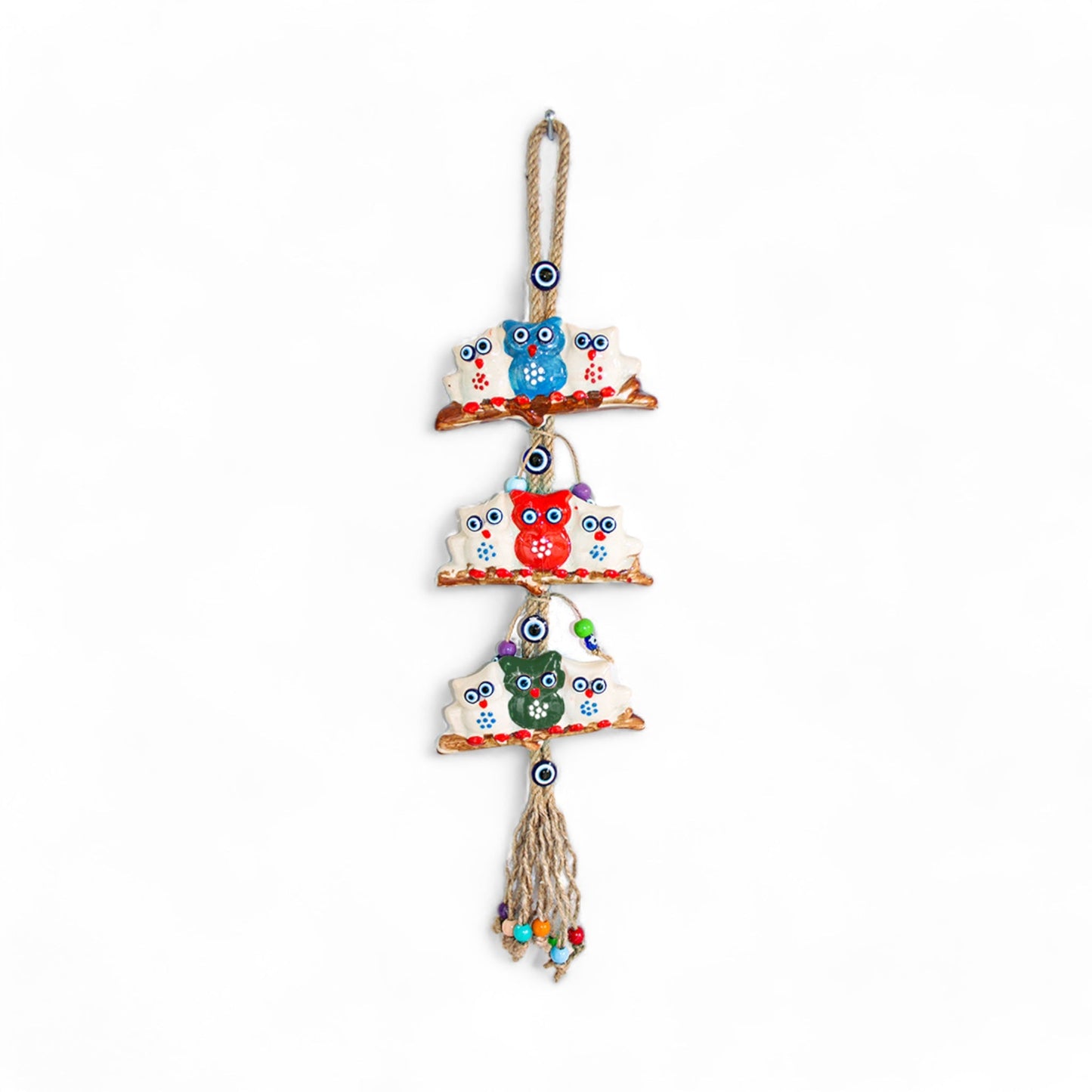 Ceramic Wall Decoration with Hanging Owl Trio, Multicolour