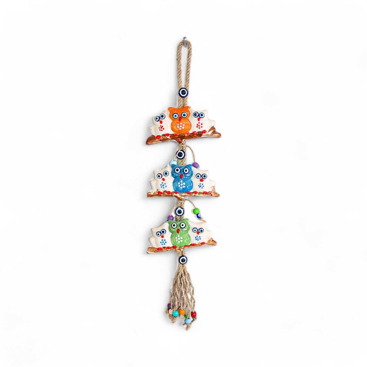 Ceramic Wall Decoration with Hanging Owl Trio, Multicolour