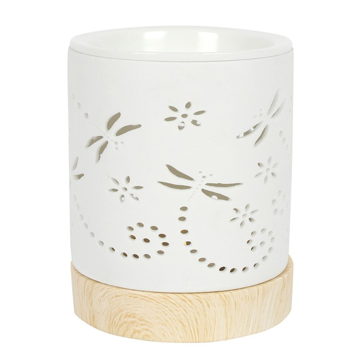 Matte dragonfly oil burner with wood effect base