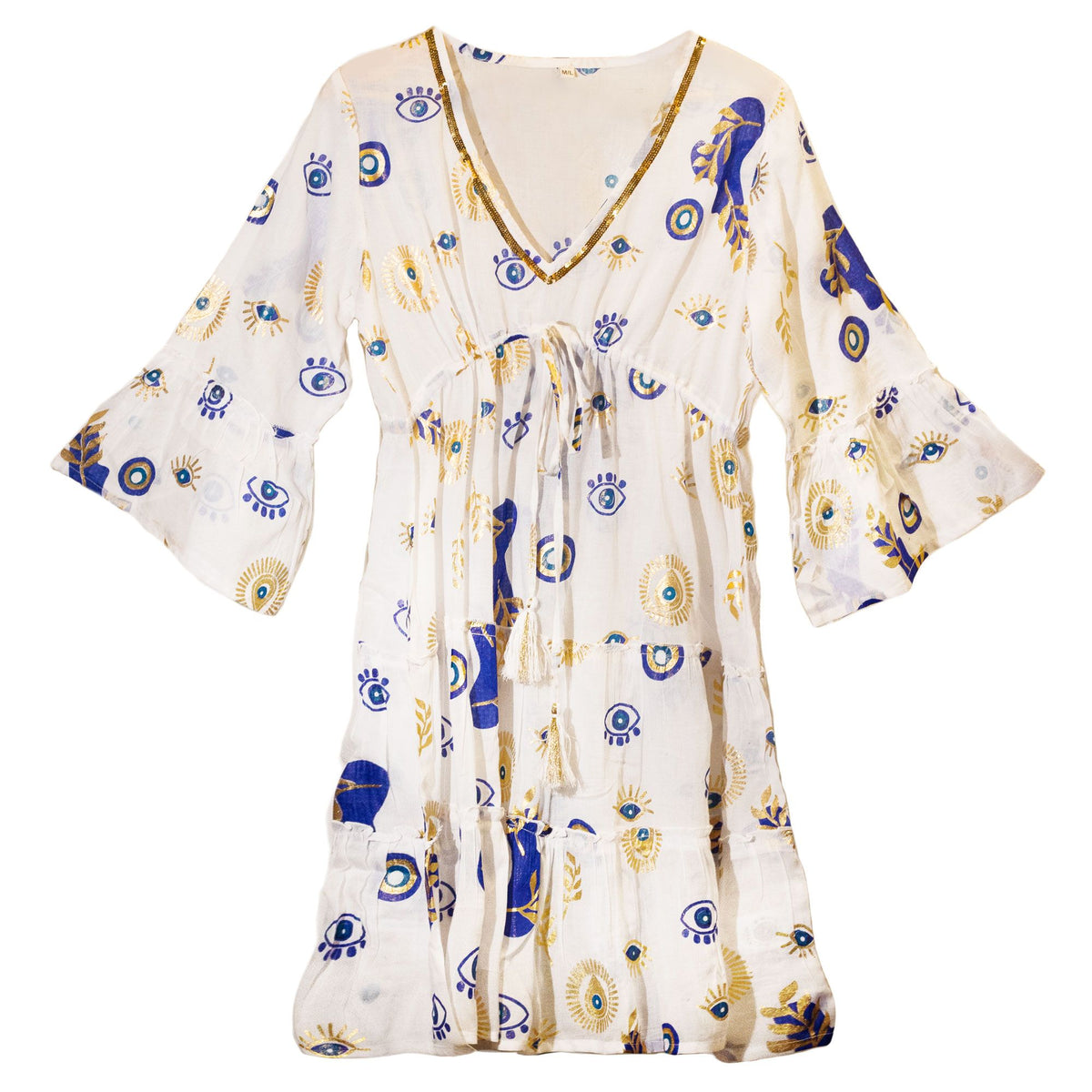 Nomad Sari Evil Eye Dress – White, Blue & Gold – Size L/XL AW Dropship UK