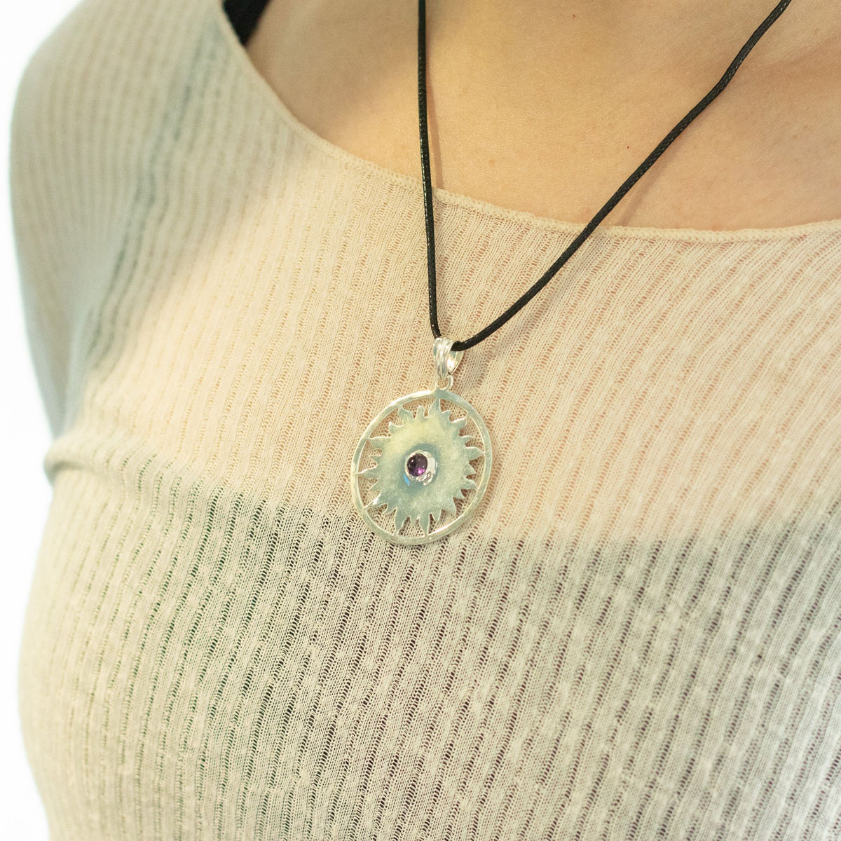 Indian Devotional Pendant - Silver Plated (45cm Cord)- Sun Worship Amethyst AW Dropship UK