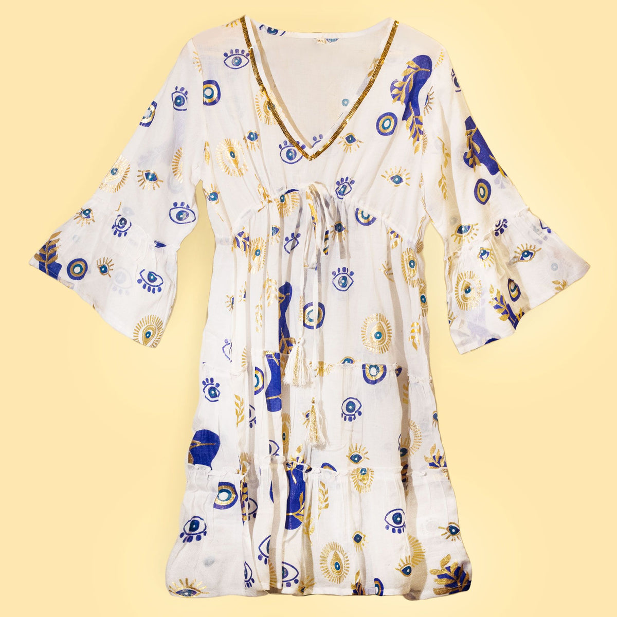 Nomad Sari Evil Eye Dress – White, Blue & Gold – Size M/L AW Dropship UK