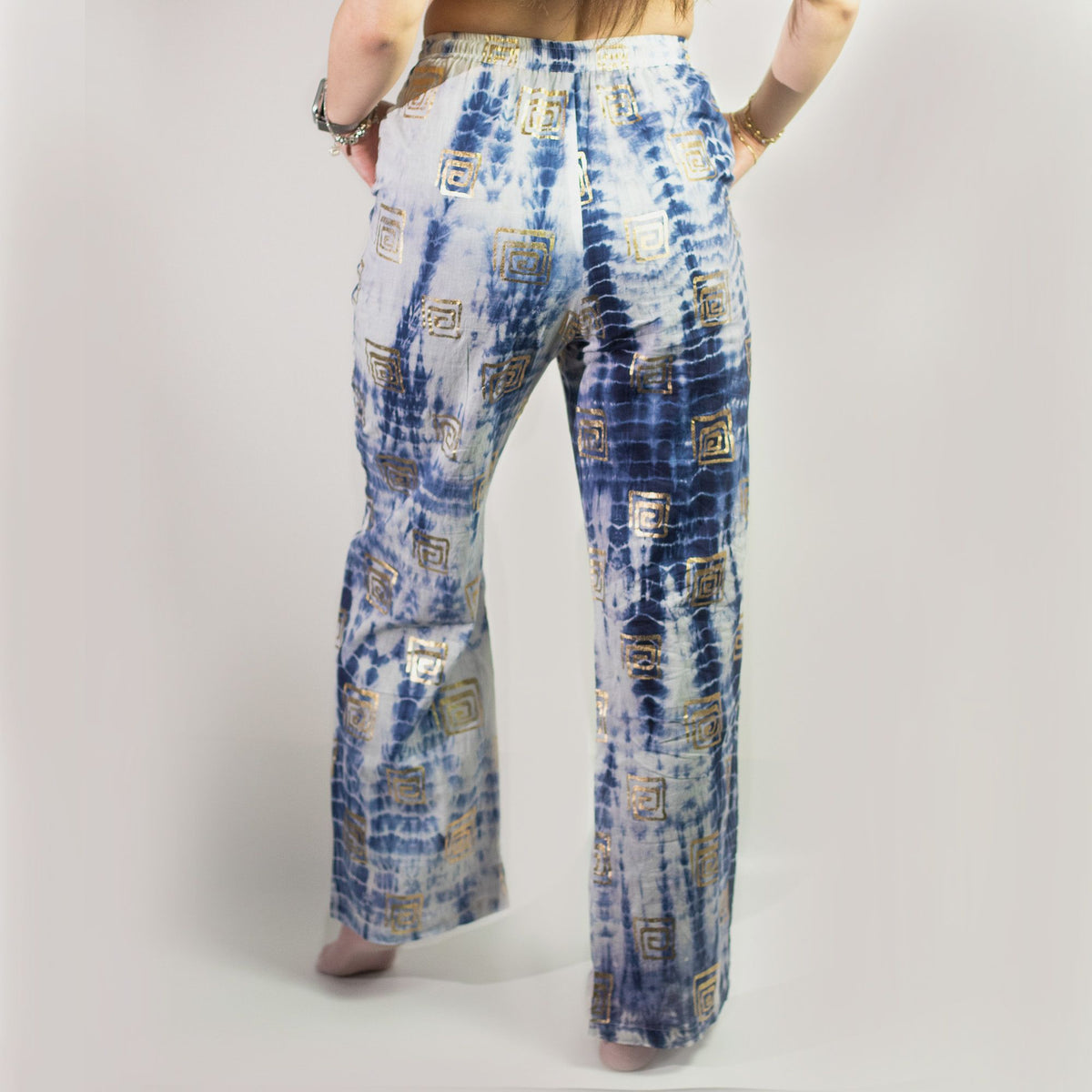 Nomad Sari Lounge Pants (M/L) – Blue Tie-Dye with Gold Greek Motif AW Dropship UK