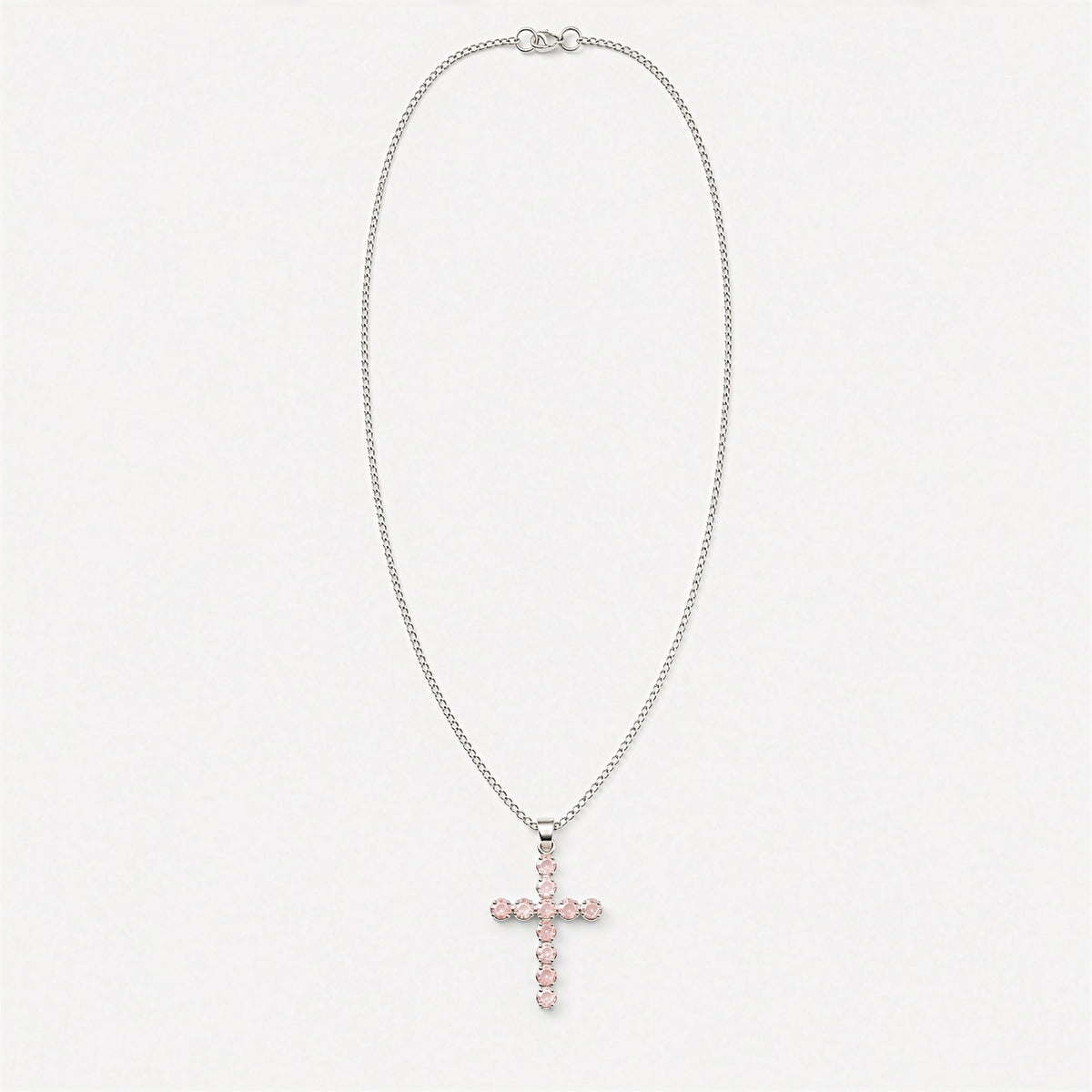 Indian Devotional Pendant - Silver Plated (45cm Chain)- Rose Quartz Crucifix AW Dropship UK