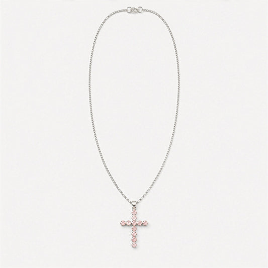 Indian Devotional Pendant - Silver Plated (45cm Chain)- Rose Quartz Crucifix AW Dropship UK