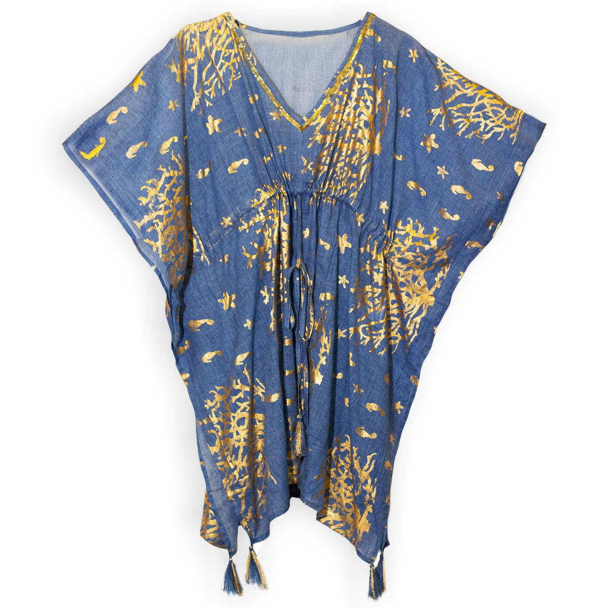 Nomad Sari Kaftan – Sea Blue with Gold Coral Print AW Dropship UK