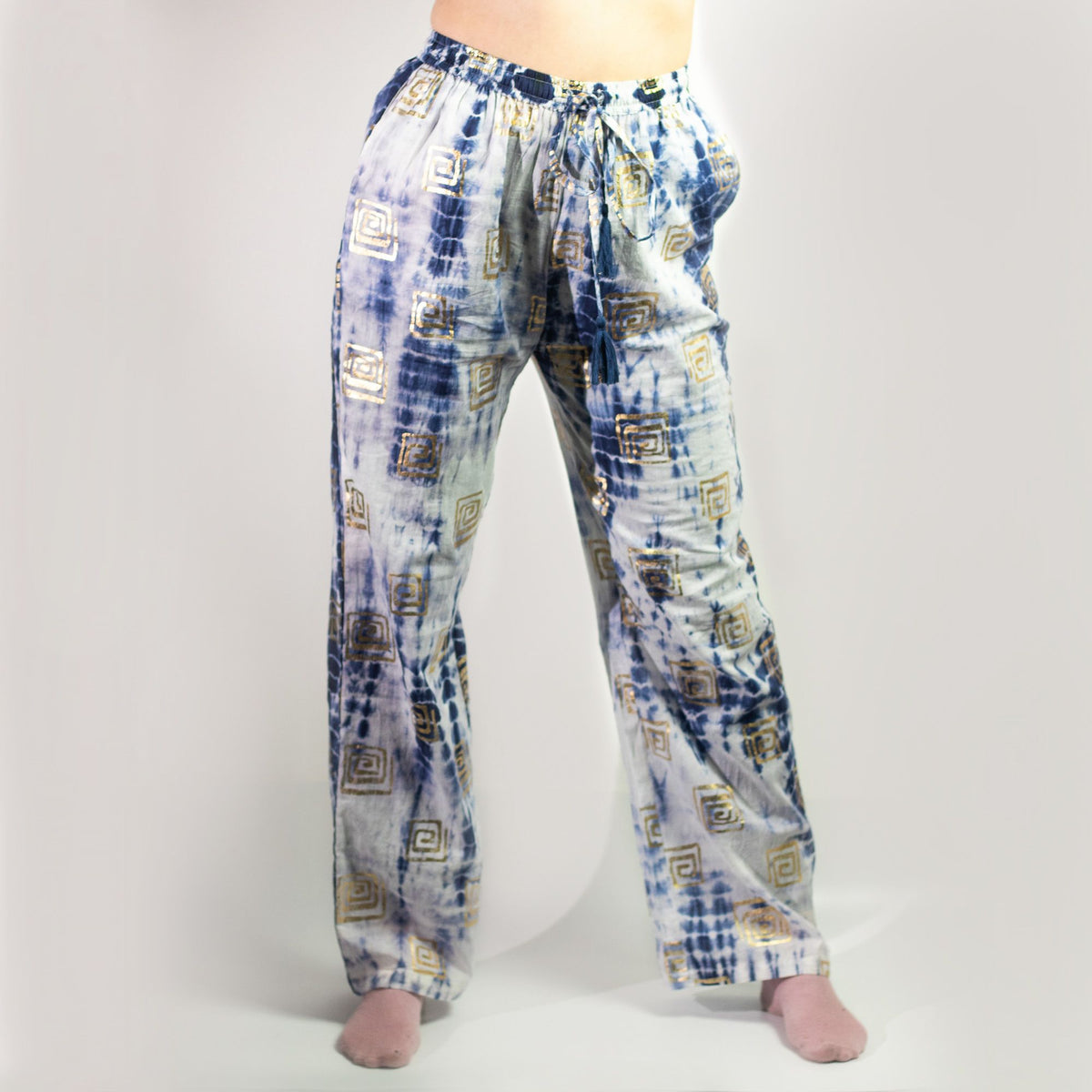 Nomad Sari Lounge Pants (M/L) – Blue Tie-Dye with Gold Greek Motif AW Dropship UK