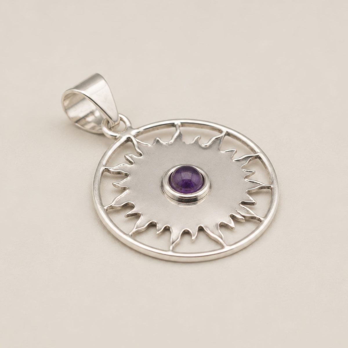 Indian Devotional Pendant - Silver Plated (45cm Cord)- Sun Worship Amethyst AW Dropship UK