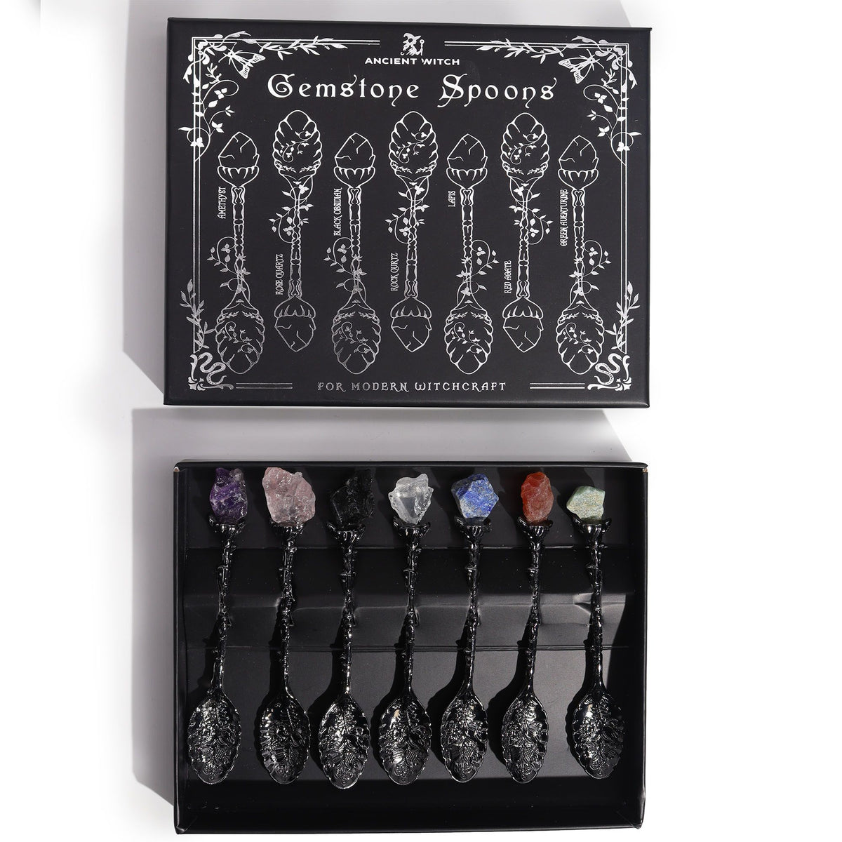 Set of 7 Dark Silver Gemstone Crystal Witch Spoons AW Dropship UK