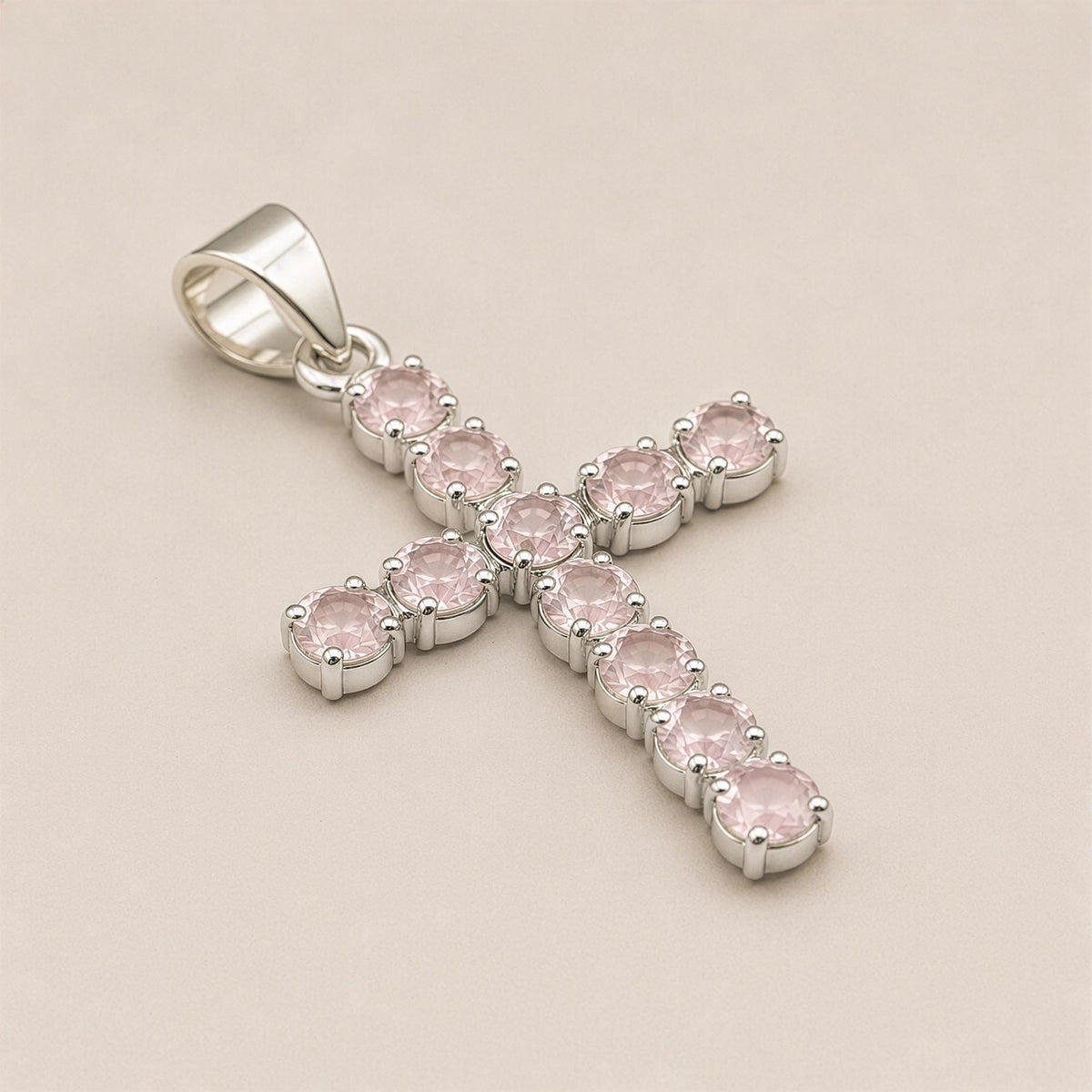 Indian Devotional Pendant - Silver Plated (45cm Chain)- Rose Quartz Crucifix AW Dropship UK