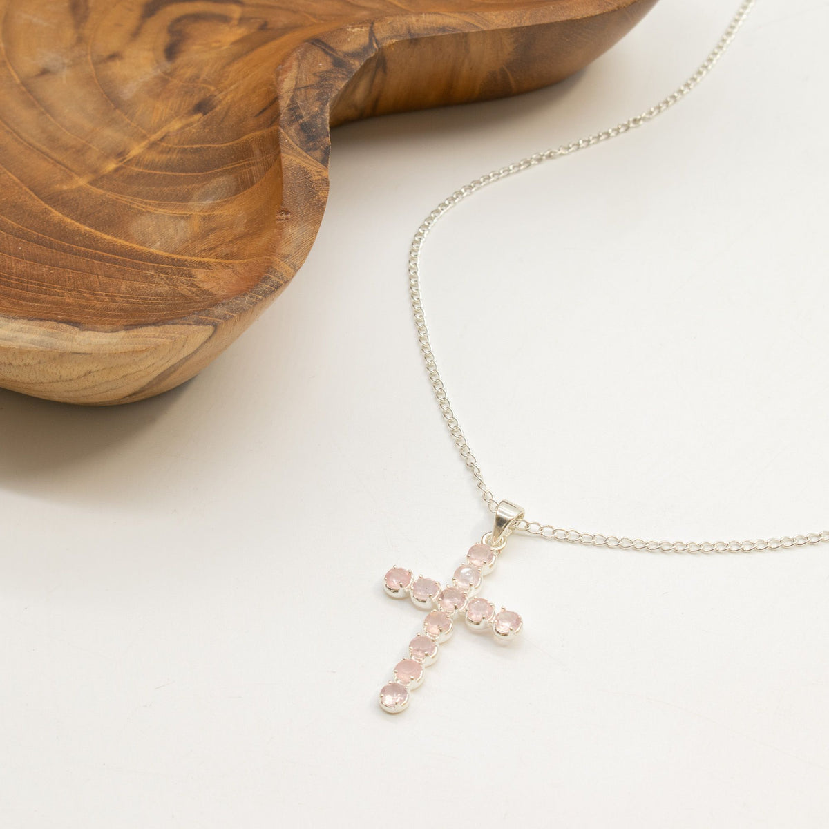 Indian Devotional Pendant - Silver Plated (45cm Chain)- Rose Quartz Crucifix AW Dropship UK