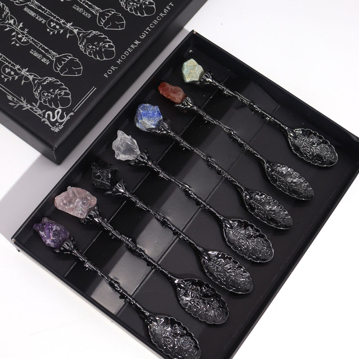 Set of 7 Dark Silver Gemstone Crystal Witch Spoons AW Dropship UK