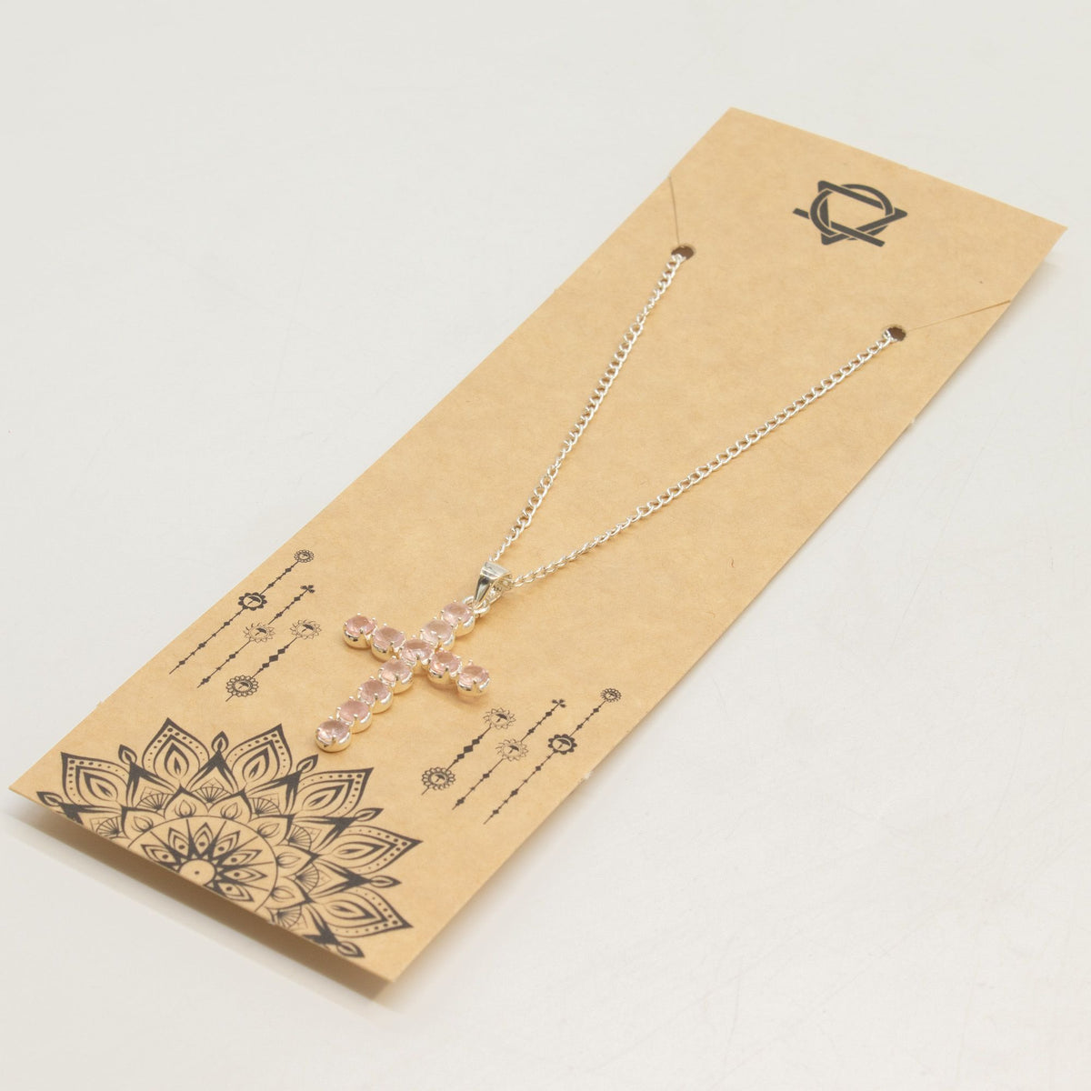 Indian Devotional Pendant - Silver Plated (45cm Chain)- Rose Quartz Crucifix AW Dropship UK