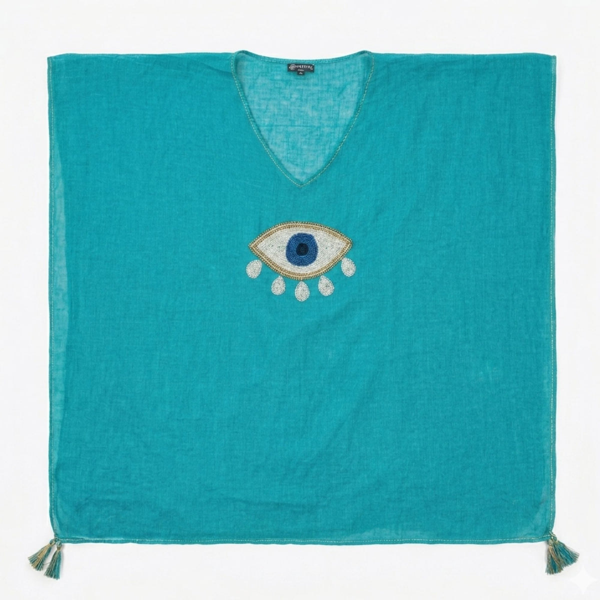 Nomad Sari On the Med Collection - Kaftan - Turquoise with Gold & White Large Evil Eye AW Dropship UK