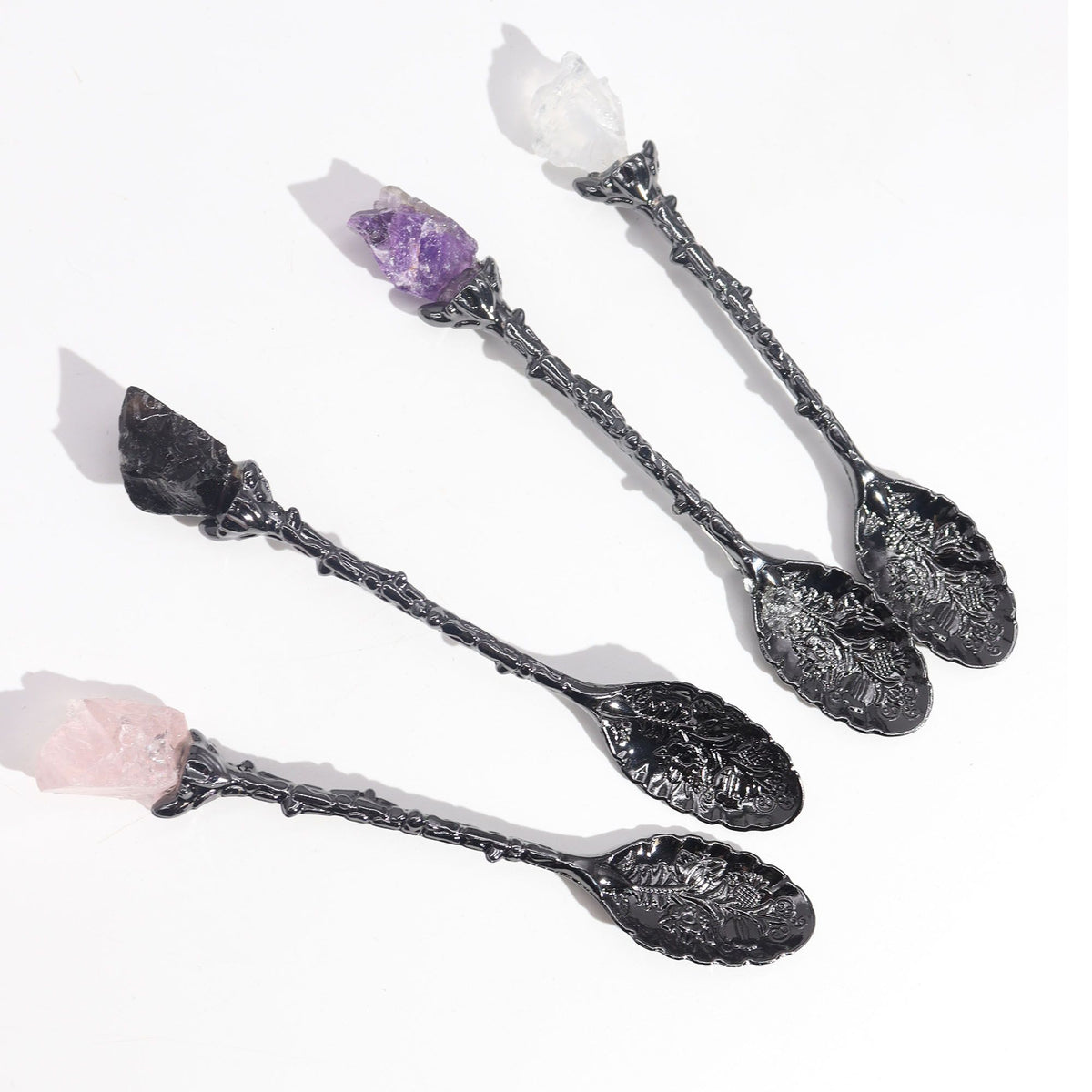 Set of 7 Dark Silver Gemstone Crystal Witch Spoons AW Dropship UK