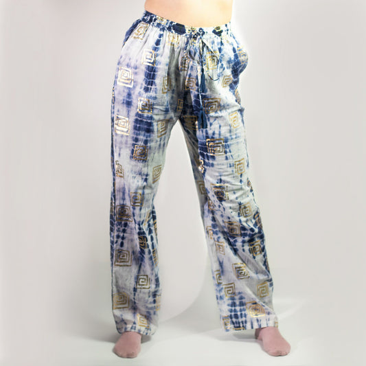 Nomad Sari Lounge Pants (M/L) – Blue Tie-Dye with Gold Greek Motif AW Dropship UK