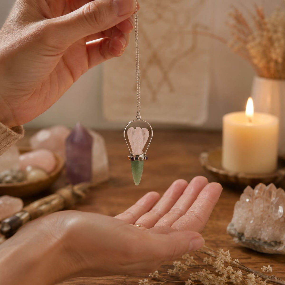 The Heart Oracle - Two Piece Angel Pendulum - Chakra Band - Rose Quartz & Green Aventurine AW Dropship UK