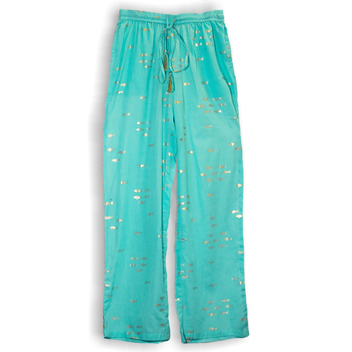 Nomad Sari Lounge Pants (L/XL) – Turquoise with Hand-Painted Gold Fish Design AW Dropship UK