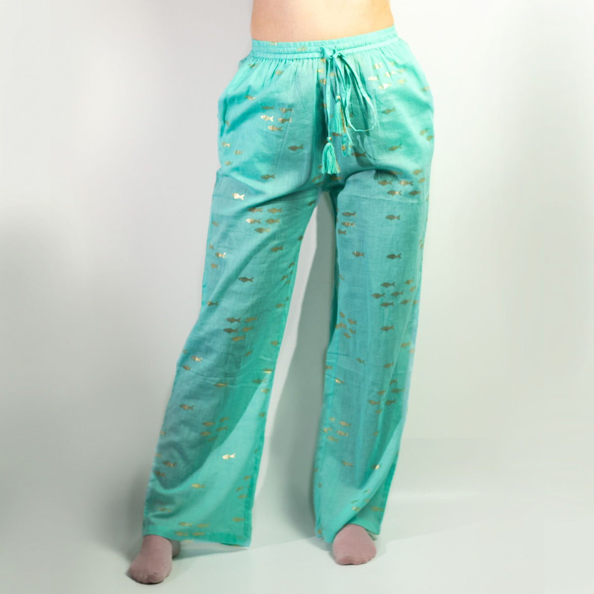 Nomad Sari Lounge Pants (L/XL) – Turquoise with Hand-Painted Gold Fish Design AW Dropship UK
