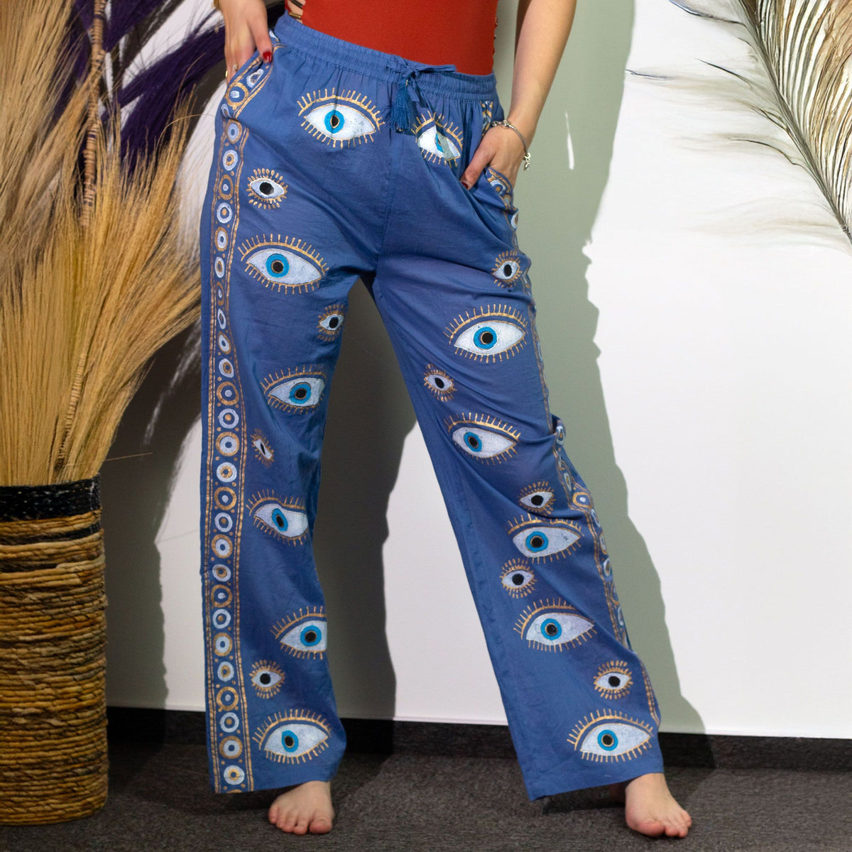 Nomad Sari Lounge Pants (M/L) – Rich Blue with Hand-Painted Gold Evil Eye Design AW Dropship UK