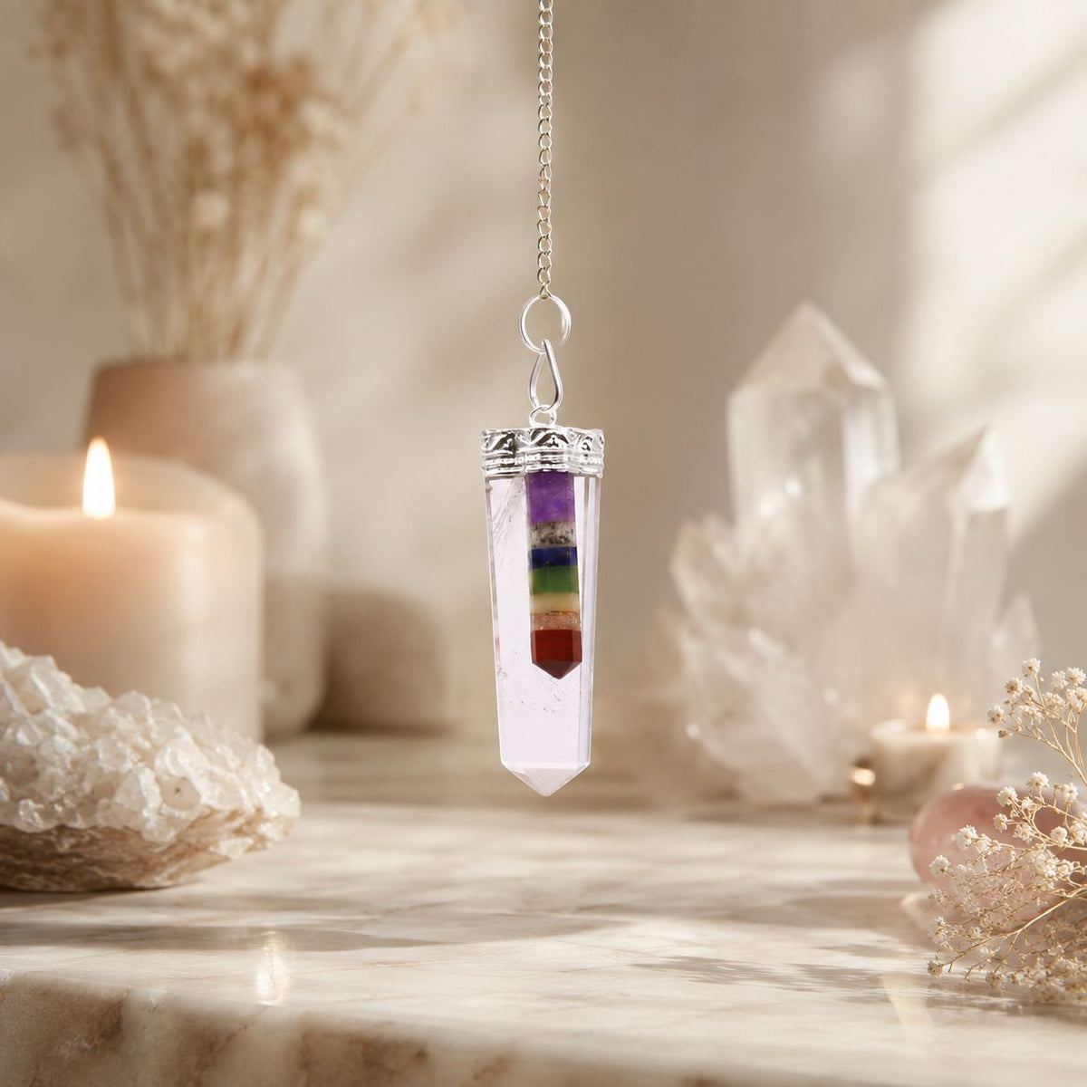 Crystal - 7 Chakra Bounded Thin Point Flat Pendant AW Dropship UK